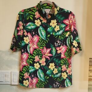 Tommy Bahama Black Short-Sleeve Polo with Pink & Yellow Floral Print